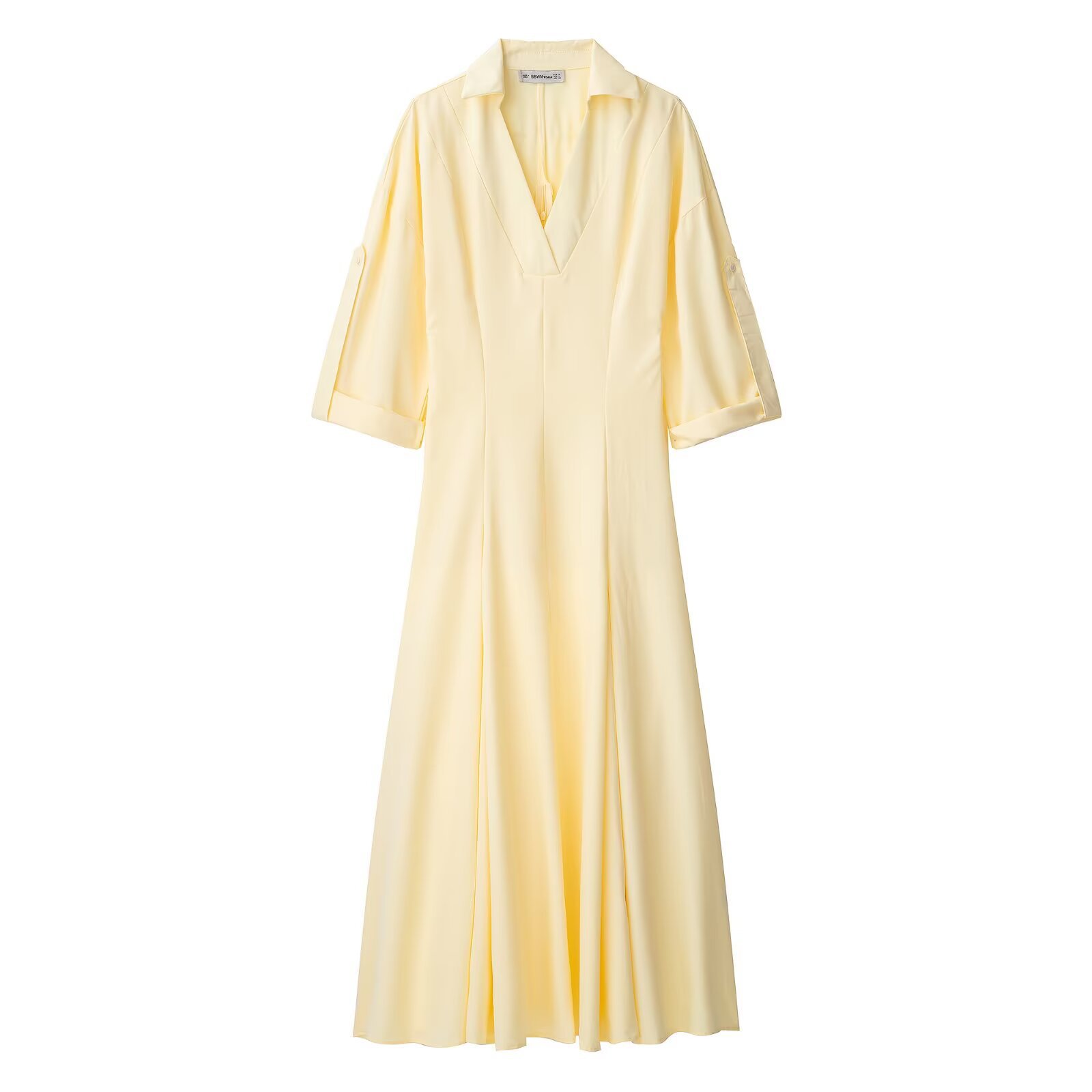 跨境欧美女装法式v领黄色翻领五分中袖衬衫式连衣裙 修身中长裙子