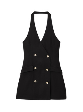 2025夏季新品欧美女装美式挂脖领无袖迷你西装连衣裙  260227