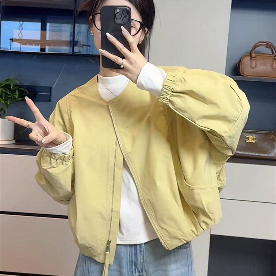 韩版简约圆领纯色短外套女2025春季新款休闲宽松百搭小个子夹克潮