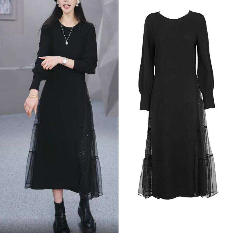 大码胖mm春季新款时尚气质百搭显瘦网纱拼接针织中长款毛衣连衣裙