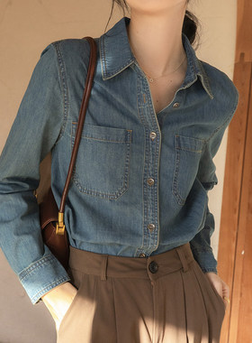 不卷边覆古做旧蓝色软牛仔衬衫女春季2025年百搭正肩叠穿棉质衬衫