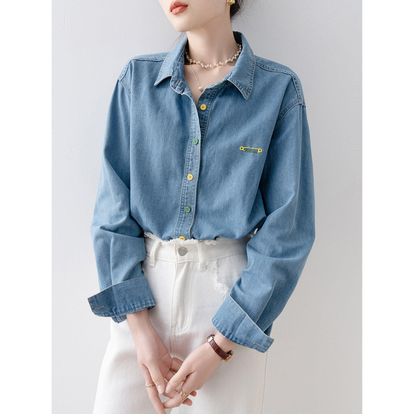 春款女装2026新款超火减龄上衣法式浅蓝色长袖衬衫叠穿设计感衬衣