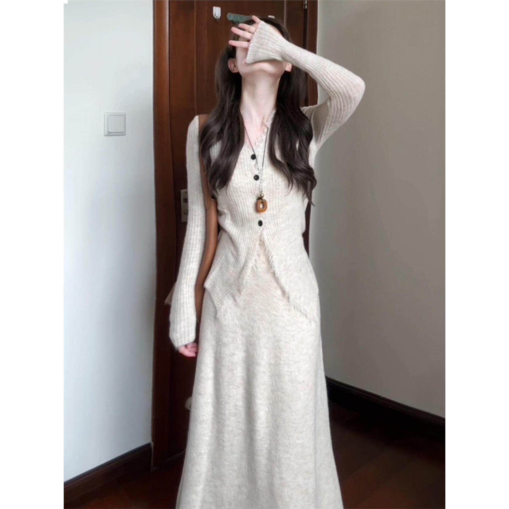 小香风长袖针织连衣裙子女秋冬2025新款高级感韩系穿搭一整套长裙