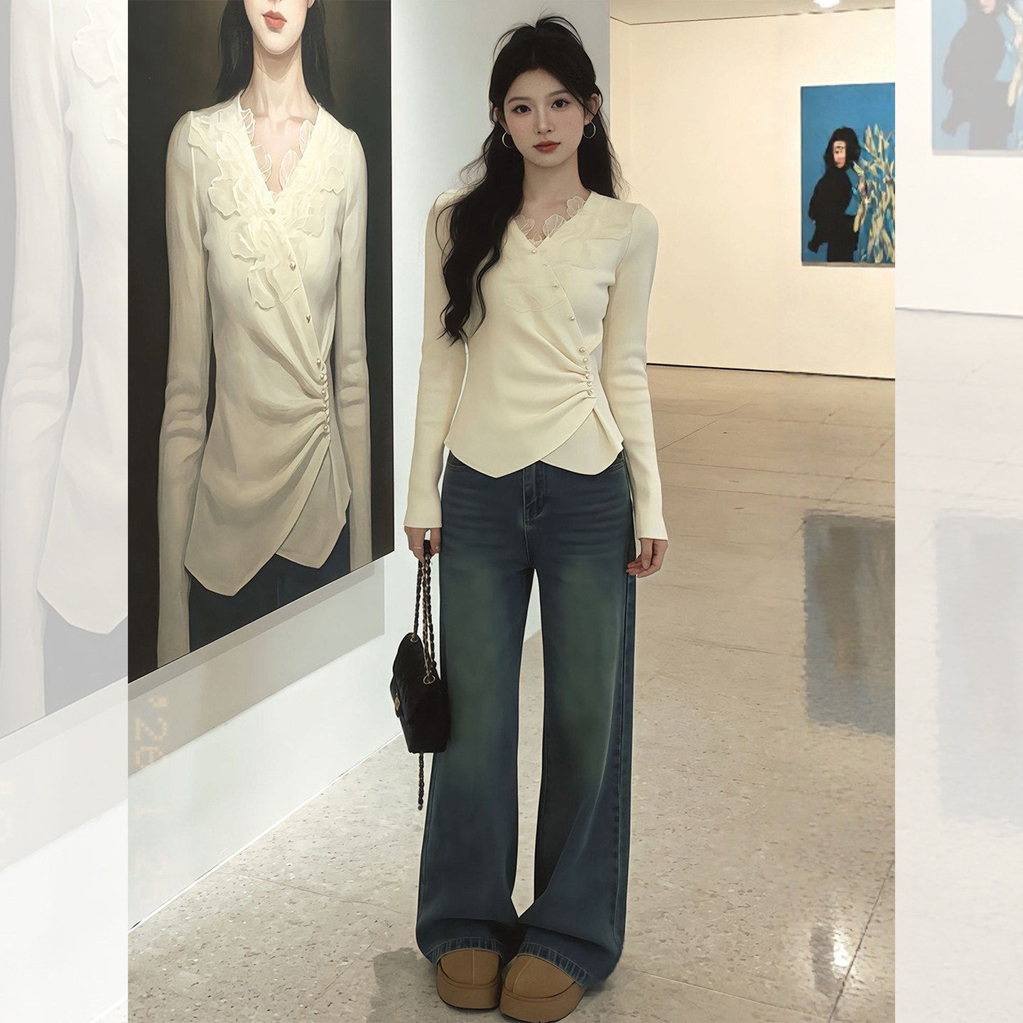 温柔风白杏色针织不规则抽褶显瘦长袖T恤女2026春季独特漂亮上衣