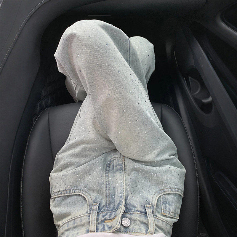 浅蓝阔腿牛仔裤女2025夏季新款小个子显瘦烫钻设计感宽松拖地裤子