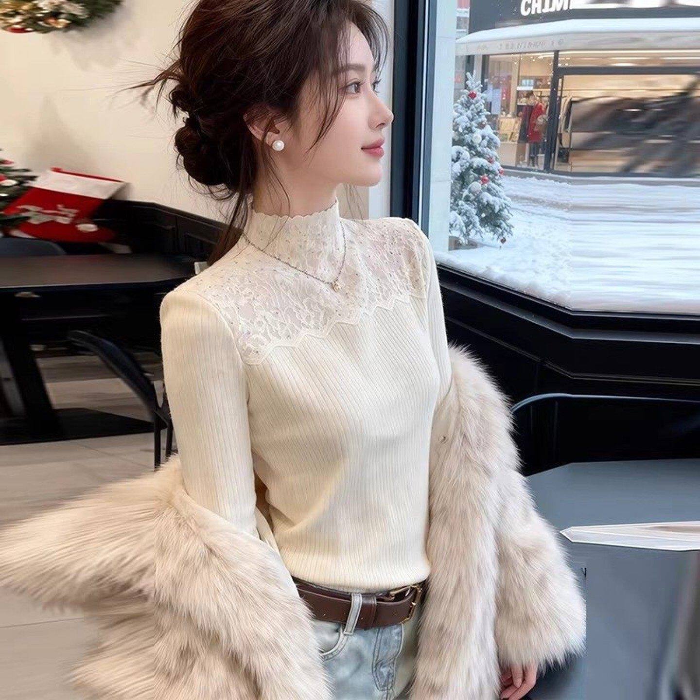 蕾丝拼接半高领针织打底衫女2026年春季新款加绒磨毛皮草内搭上衣