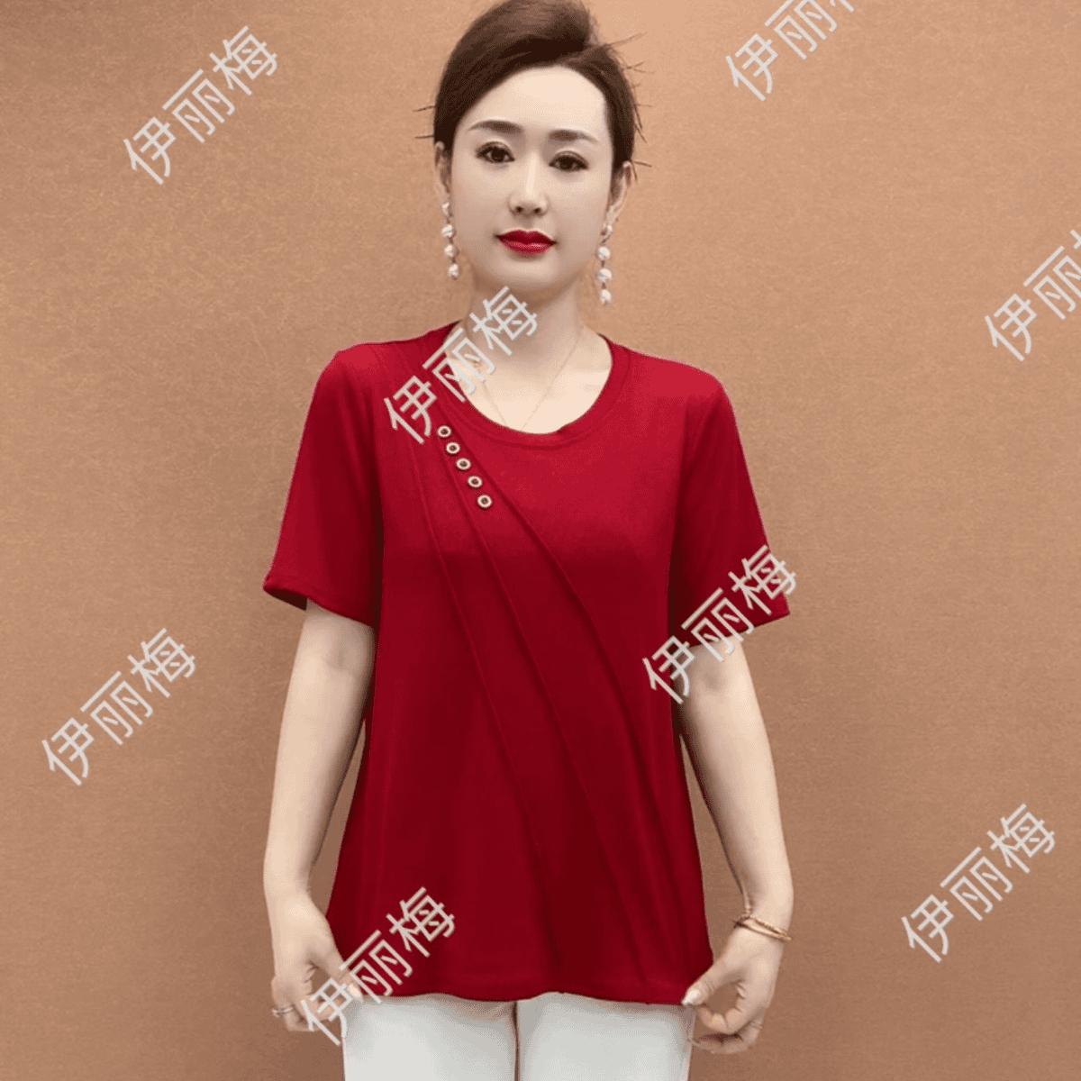 2026夏季新款洋气宽松纯色女减龄短袖衣服圆领显瘦重工T恤纽扣衫