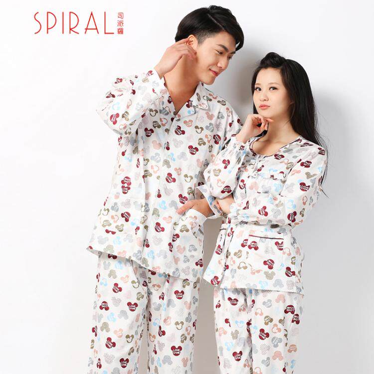 司派罗春季新品全棉睡衣男女 全棉直贡印花情侣套休闲家居服