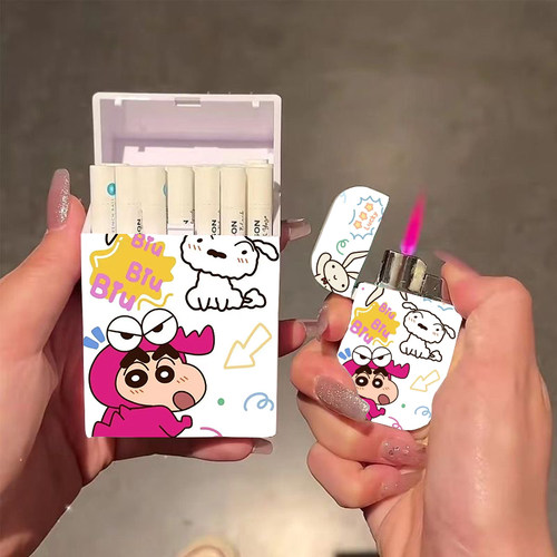 蜡笔小新打火机烟盒高颜值便携卡通防风充气抗压防潮20支装送男友