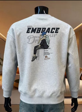 冬季潮牌美式字母印花圆领卫衣男灰色高级感时尚百搭休闲长袖上衣