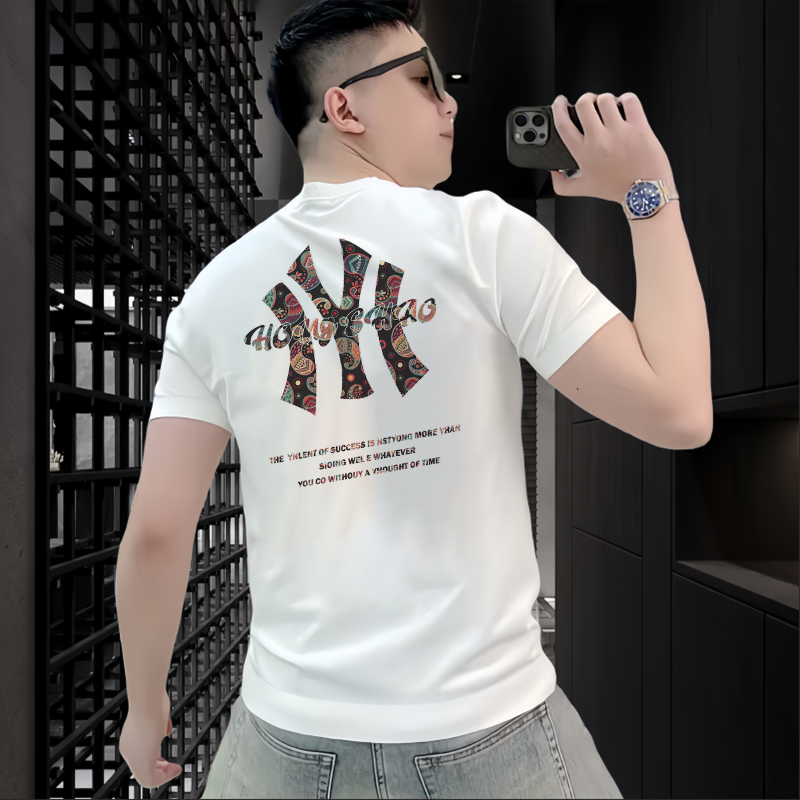凉感潮牌修身男士短袖T恤丝光棉轻奢创意彩色字母印花百搭圆领t恤