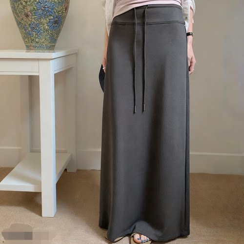 灰色直筒长裙女开叉春秋休闲抽绳松紧腰空气棉简约慵懒a字半身裙