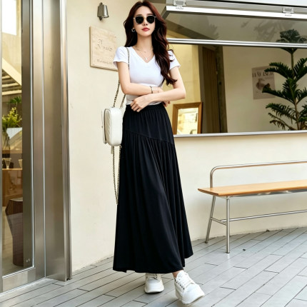 黑色半身长裙女斜拼2026夏薄新品大摆半裙遮胯a字裙大码中长裙子