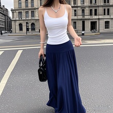半身裙a字女夏2025新款梨型身材遮胯拖地长款蓝色百褶半身长裙子