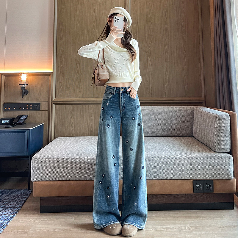 女士高腰阔腿牛仔裤刺绣烫钻显瘦