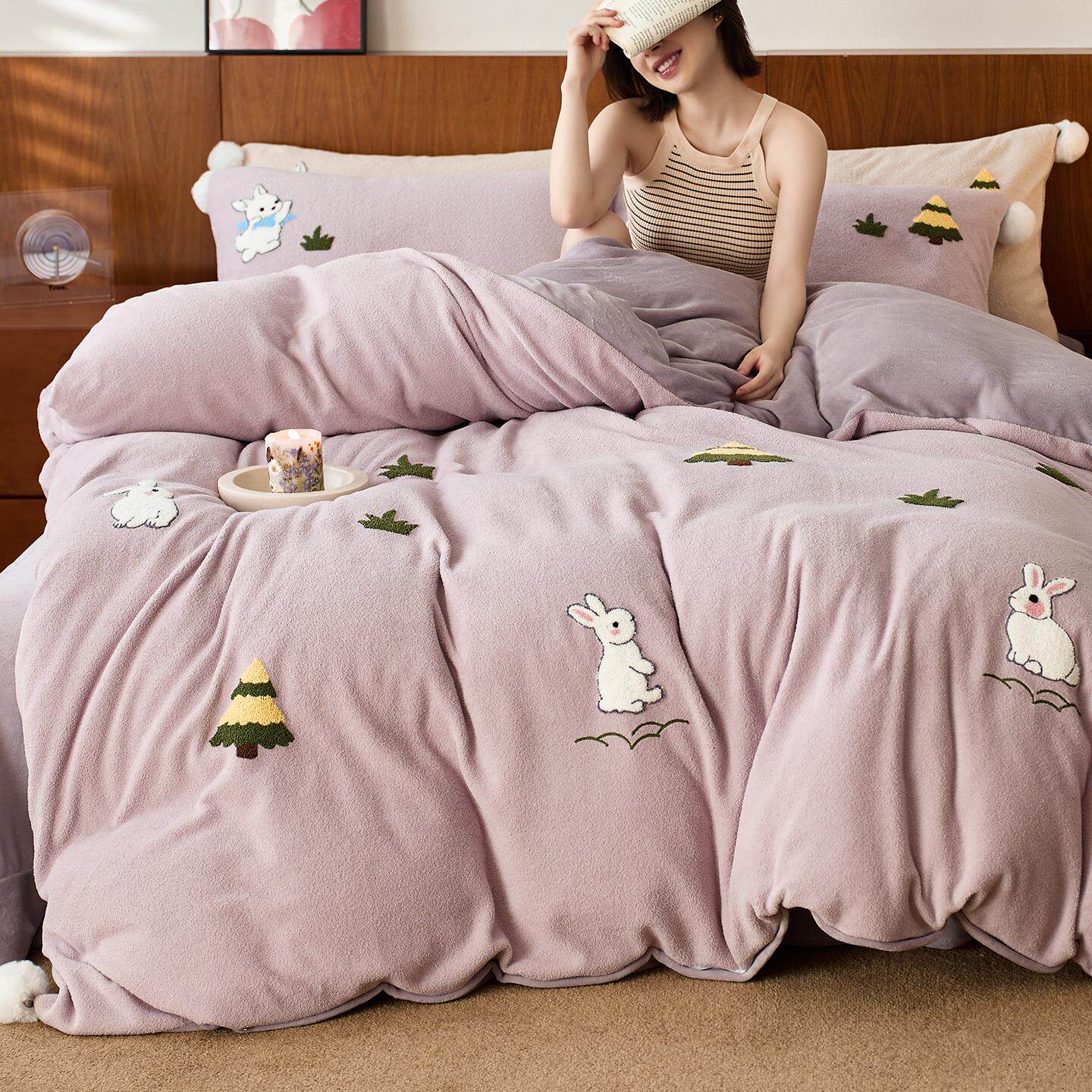 双面加绒加厚秋冬保暖牛奶绒四件套可爱卡通风子珊瑚绒床单被套