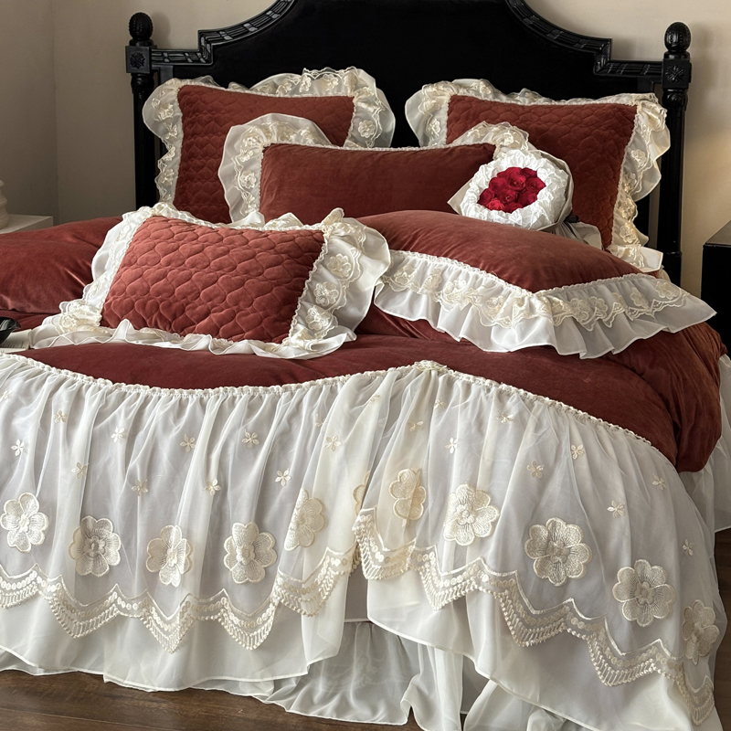 冬季加厚婴儿绒四件套公主风蕾丝毛绒被套夹棉床盖珊瑚牛奶绒床品