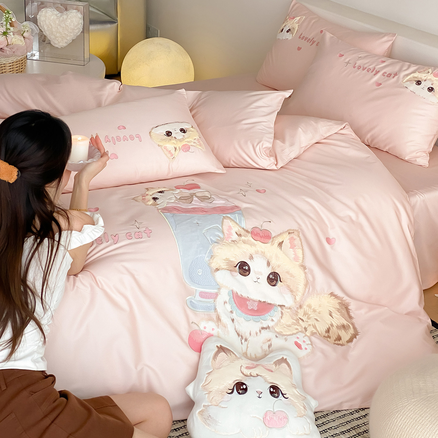 卡通猫咪少女心100S纯棉