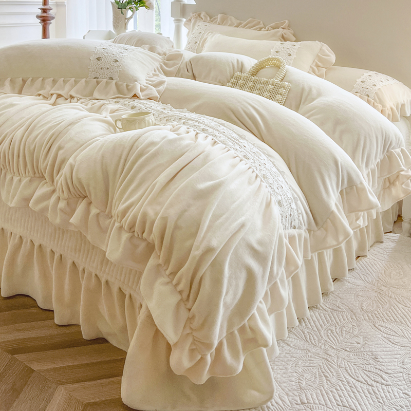 法式奶油风四件套 牛奶绒蓄热保暖床盖 制荷叶边寝具 纯色活性印