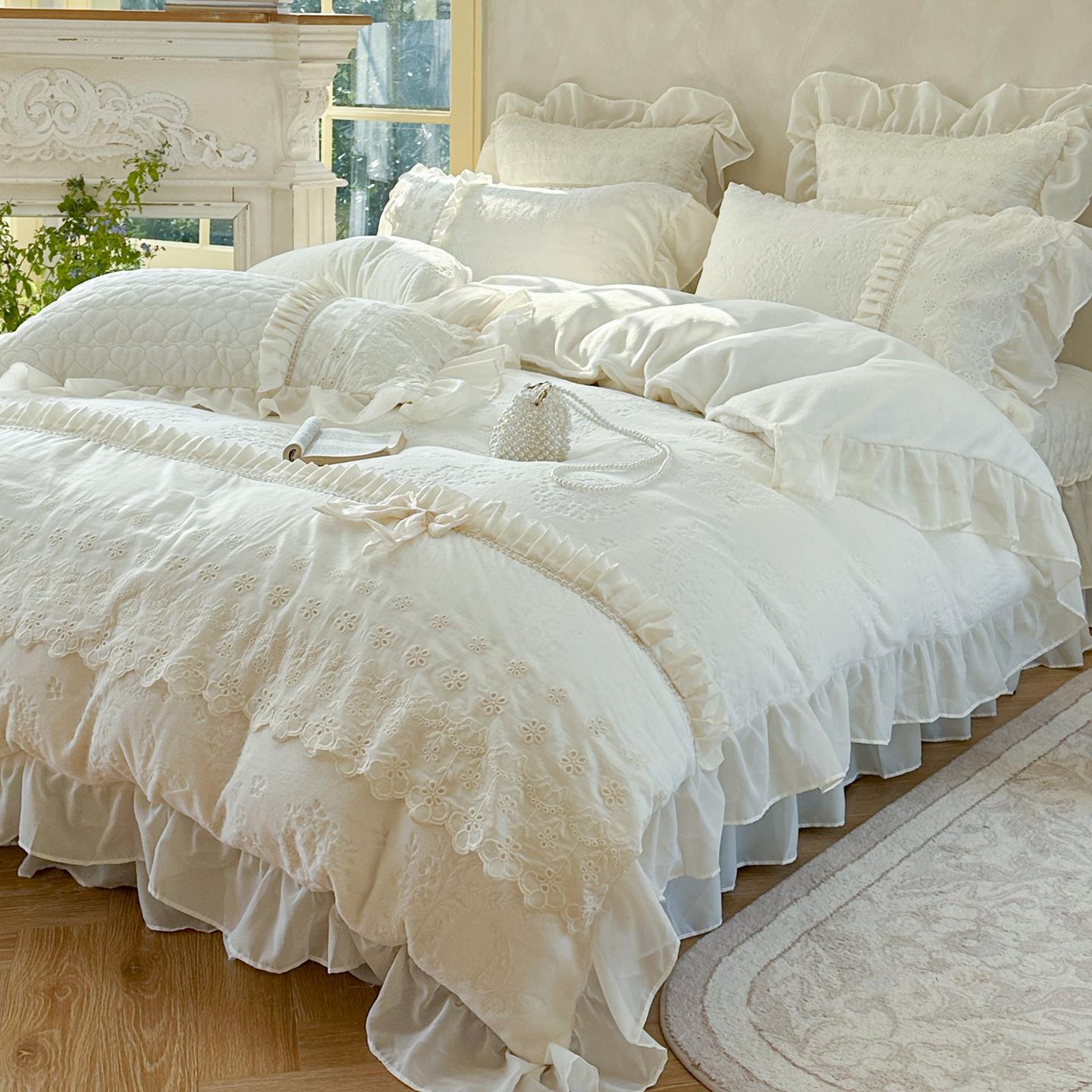 法式冬季少女心加厚保暖牛奶绒四件套公主风蕾丝毛绒被套夹棉床盖