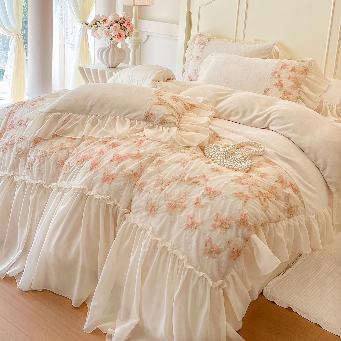 法式冬季加绒牛奶绒四件套公主风珊瑚绒蝴蝶蕾丝花边加厚被套床品