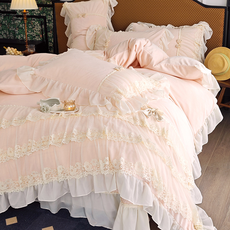 冬季法式仙女粉色加厚牛奶绒四件套蕾丝花边蝴蝶结被套夹棉床盖款