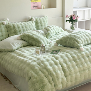 冬季牛奶绒绒四件套双面绒被套珊瑚绒保暖加厚少女心绿色床单