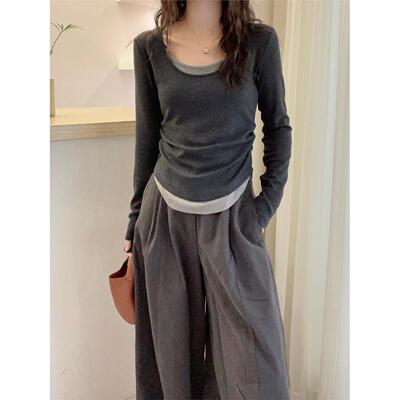 纸片人褶皱收腰假两件拼