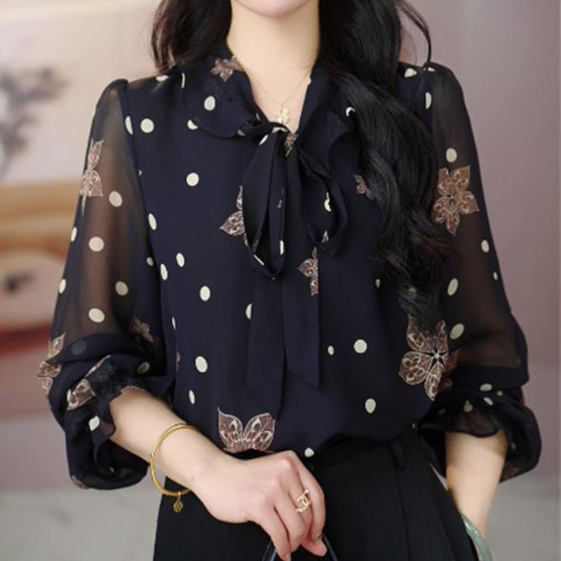 2025春夏款气质遮肉飘带印花衬衫G洋气减龄女装薄款透气长袖小衫