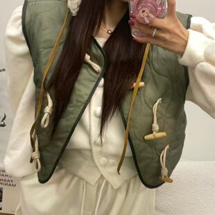 韩国chic小个子菱形格牛角扣宽松棉服马甲外套2026秋冬新品上衣女