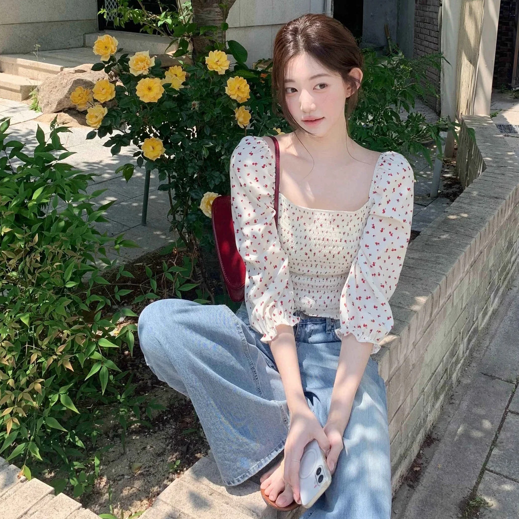 韩国法式浪漫方领泡泡袖碎花衬衫韩系别致减龄七分袖小衫2026夏季