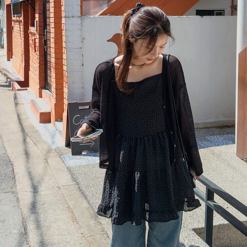 韩系chic甜美减龄小众气质圆点波点雪纺叠穿百搭背心吊带连衣裙