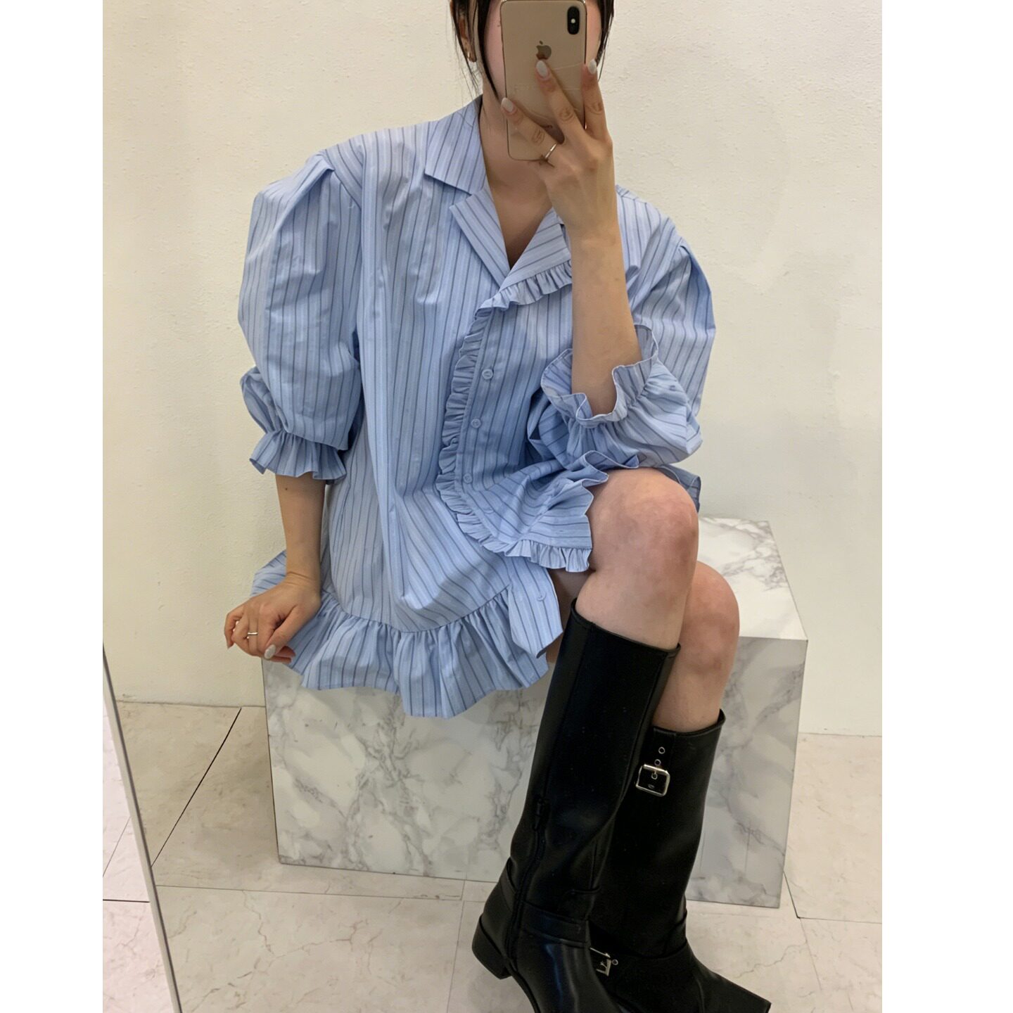 韩国东大门小众设计感木耳边拼接条纹衬衫连衣裙女2026春季新品女