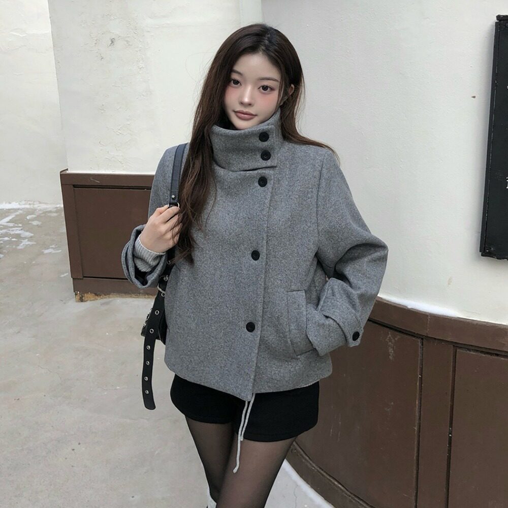 日韩跨境外贸2026冬季新款立领加棉加厚排扣保暖呢外套开衫女上衣