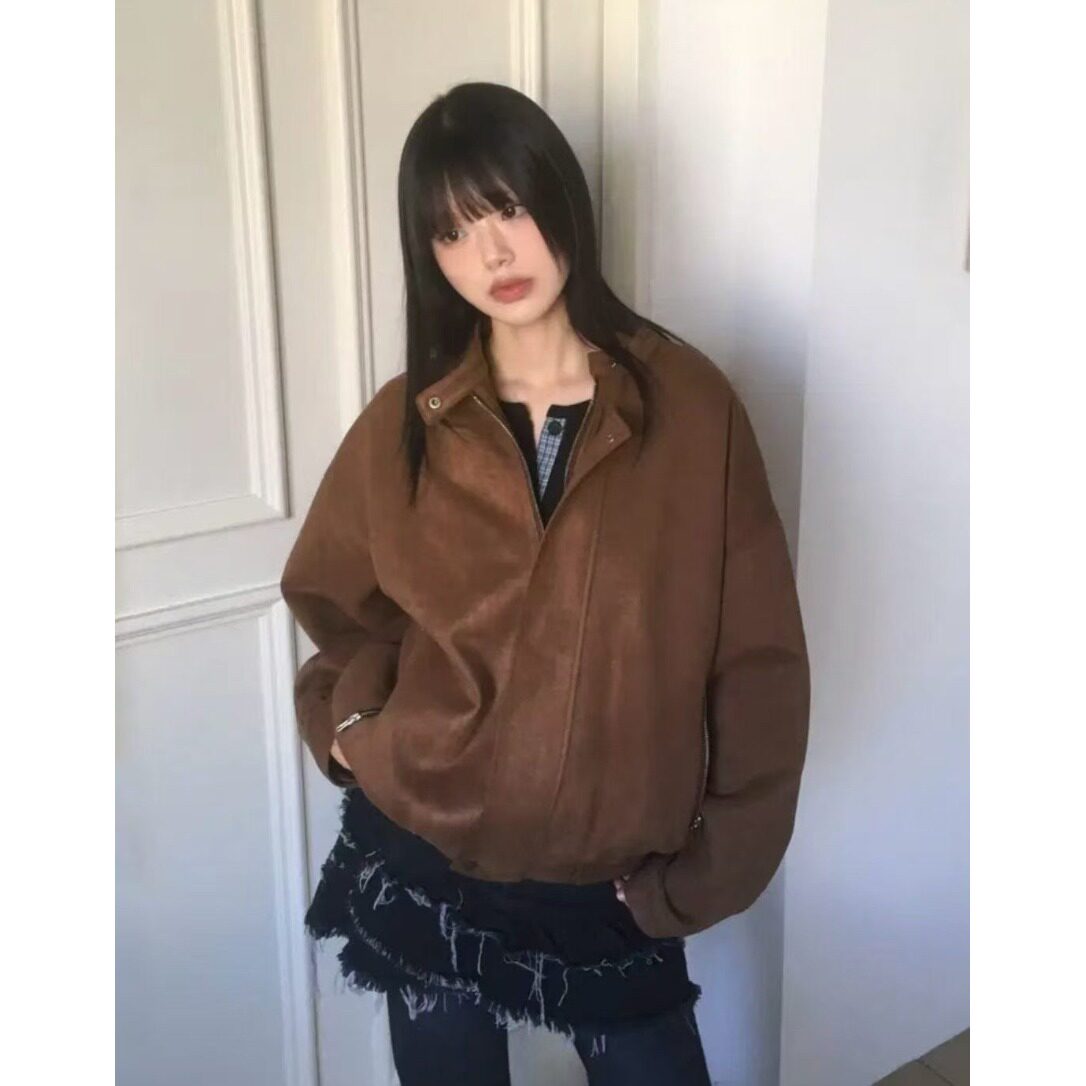 韩国chic街头感复古麂皮绒拉链机车休闲百搭夹克短外套女2026秋季