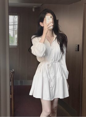 韩国chic2026秋冬减龄泡泡袖娃娃款系带灯芯绒气质显瘦显瘦连衣裙