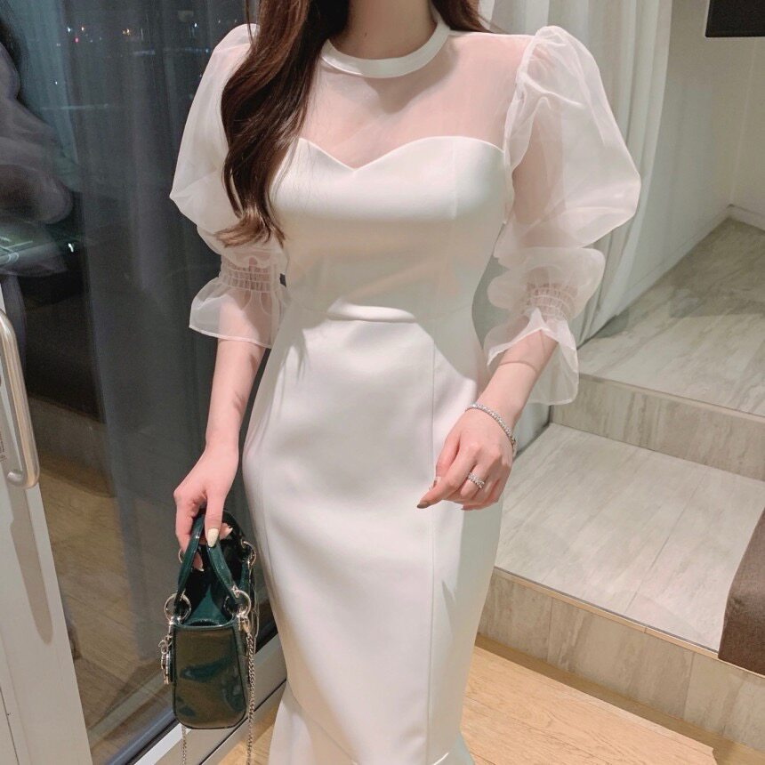 韩国chic气质拼接网纱收腰显瘦纯色鱼尾连衣裙2026夏季新品裙子女