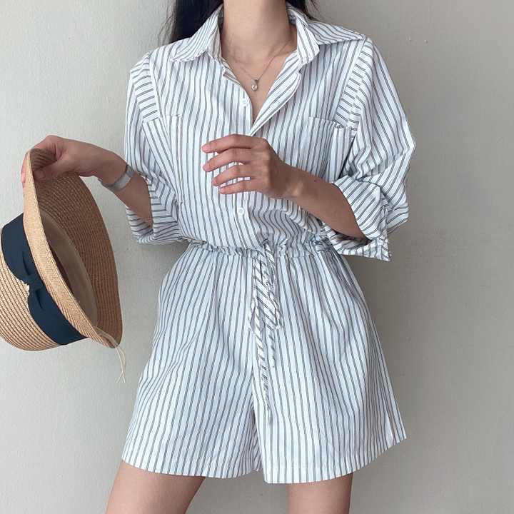 chic春夏韩系新款翻领气质百搭条纹抽绳显瘦休闲度假衬衣连体裤