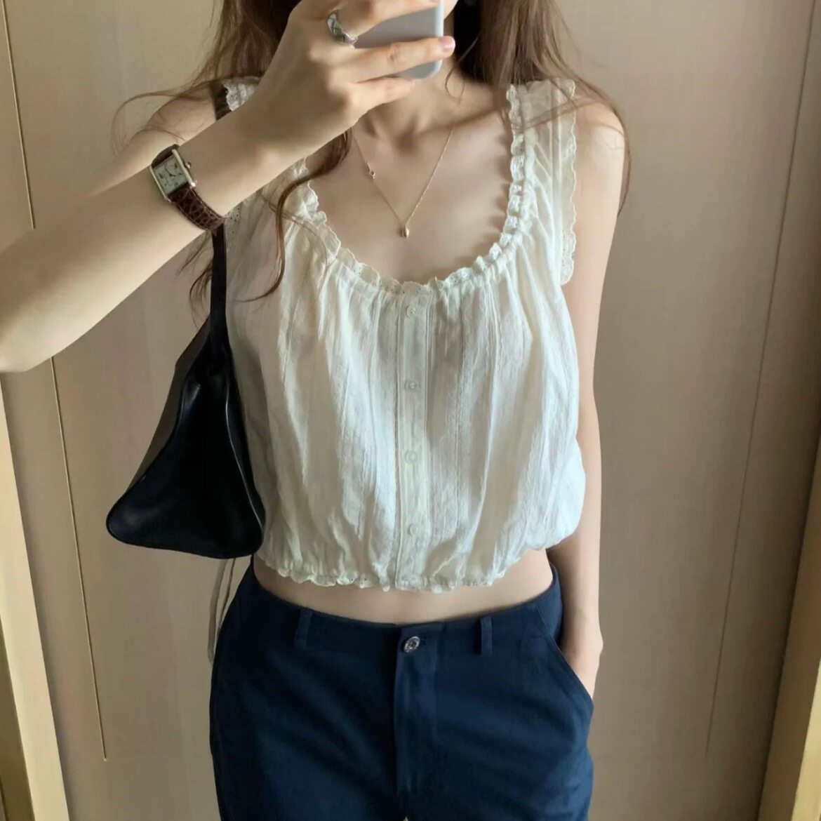 韩国chic2026夏季新品气质显瘦甜美少女系带花边无袖衬衫上衣