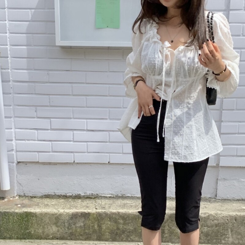 韩国chic2026春季新品波点抽绳系带花边领设计感喇叭袖衬衫上衣
