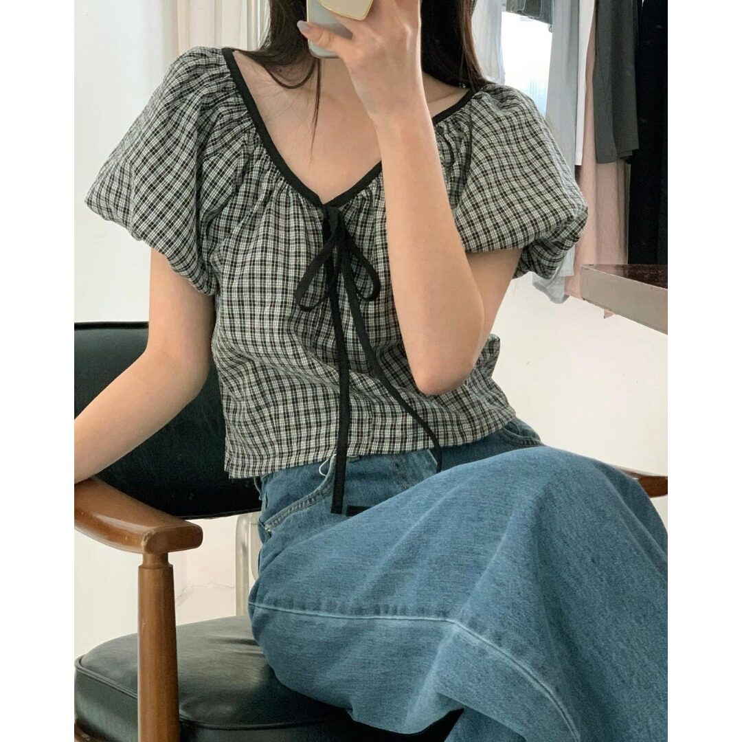韩国chic2026夏季新品格纹v领前系带侧拉链短袖小众设计百搭上衣