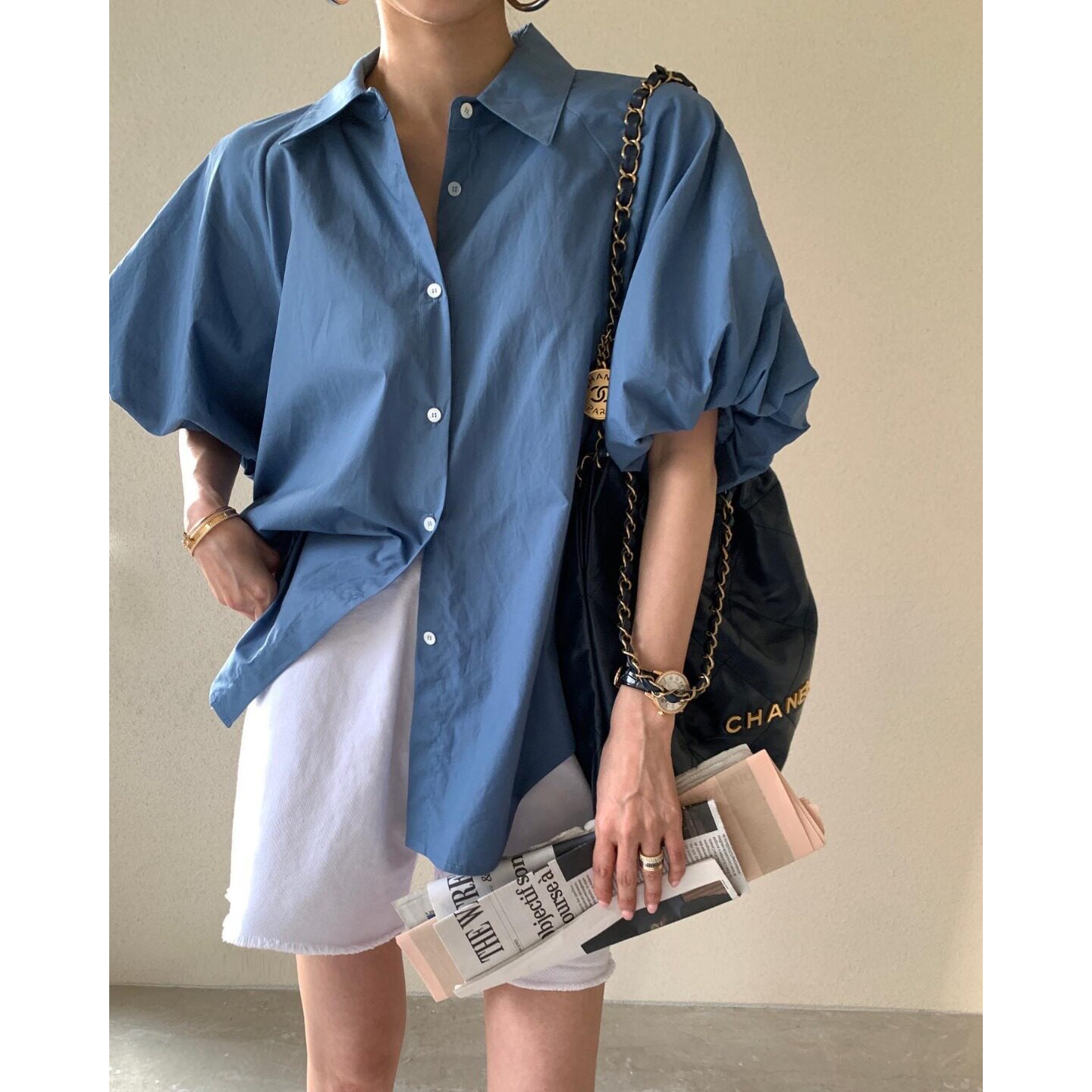 韩国chic2026夏季新品法式气质简约基础款灯笼袖宽松显瘦衬衫上衣