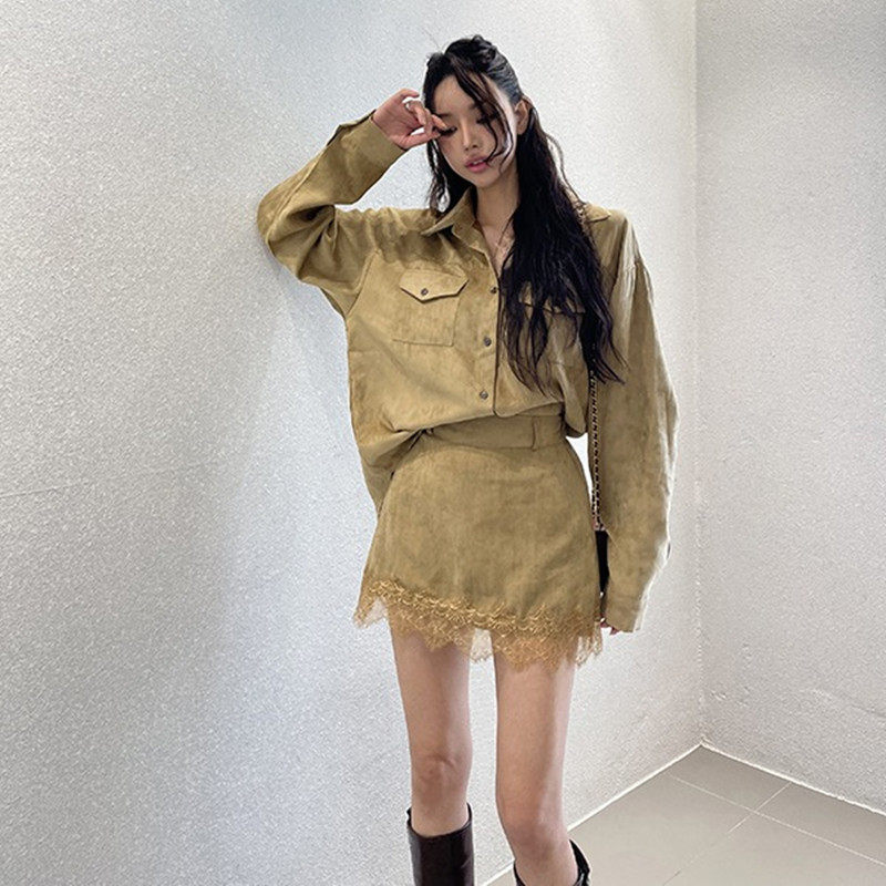 韩国chic2026秋季新款翻领长袖衬衫+花边拼接半裙两件气质套装女