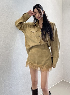 韩国chic2026秋季新款翻领长袖衬衫＋花边拼接半裙两件气质套装女
