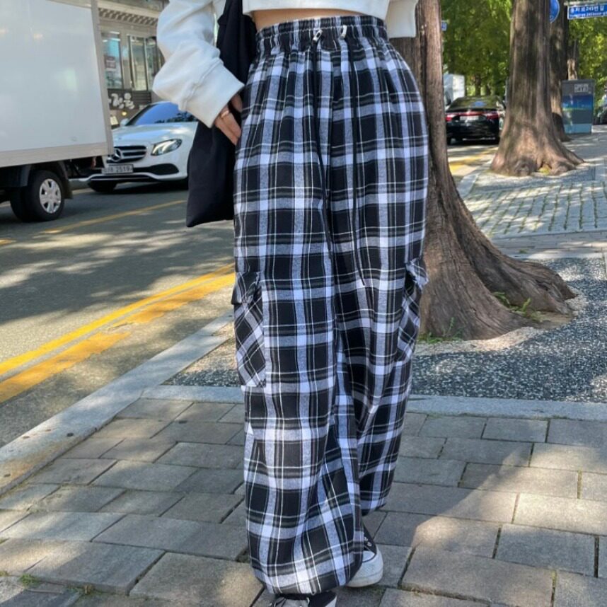 韩国chic2026秋季新品格纹两用饼干裤子宽松显瘦休闲百搭长裤女