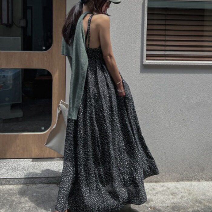 韩国chic2026夏季新品小众复古宽松显瘦甜美碎花吊带长裙连衣裙