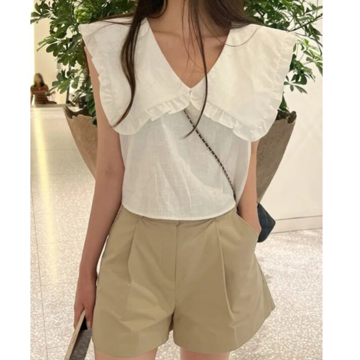 chic韩版夏季慵懒甜美简约休闲度假减龄娃娃领百搭无袖衬衫上衣