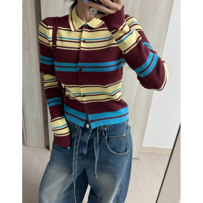 ins韩国东大门魅力轻熟风优雅小翻领撞色条纹针织短外套2026春季