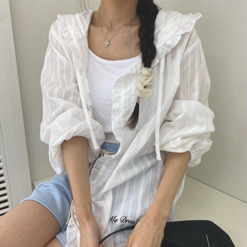 韩国ins 甜美减龄提花木耳边拼接连帽防晒衬衣2026夏季新品开衫女
