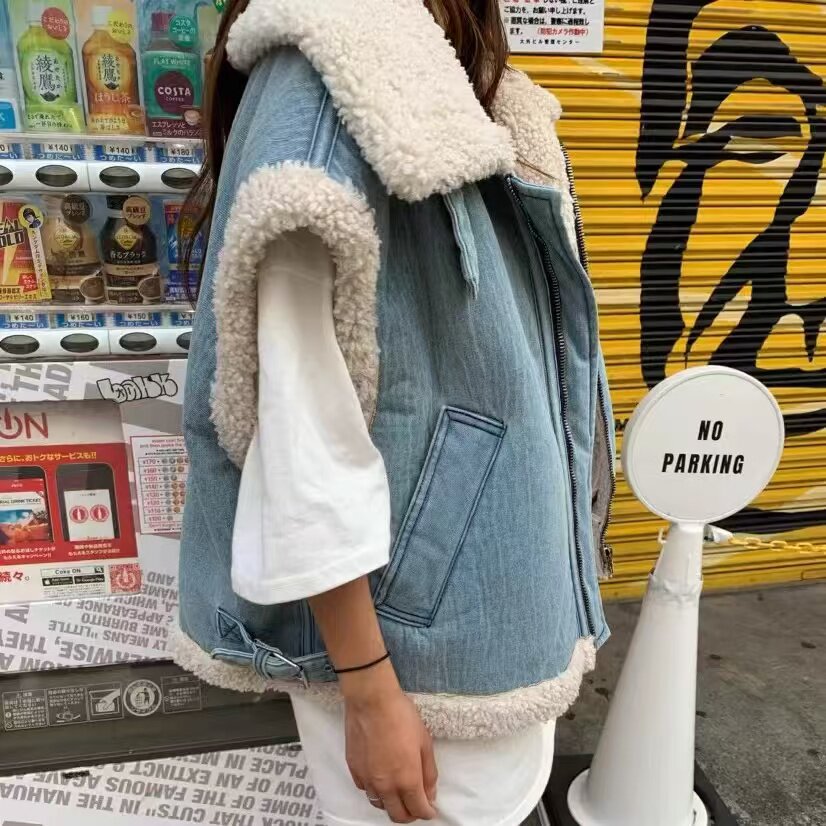 韩国chic2026秋冬新款翻领拉链百搭羊羔毛马甲宽松显瘦百搭上衣
